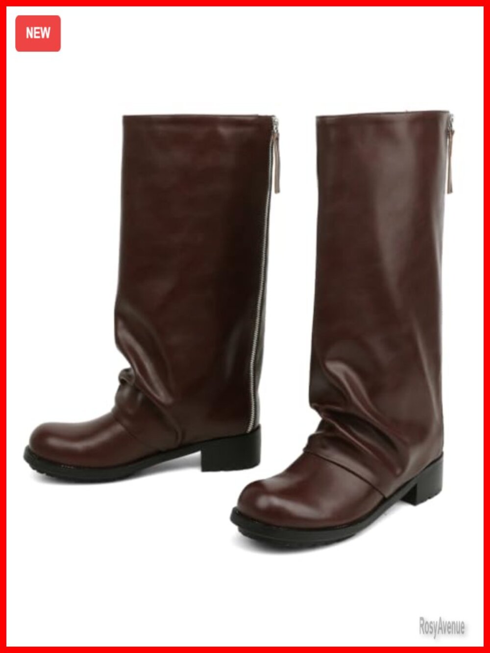 Women's Knee-High Boots Faux Leather Low Heel Round Toe with Back Zipper